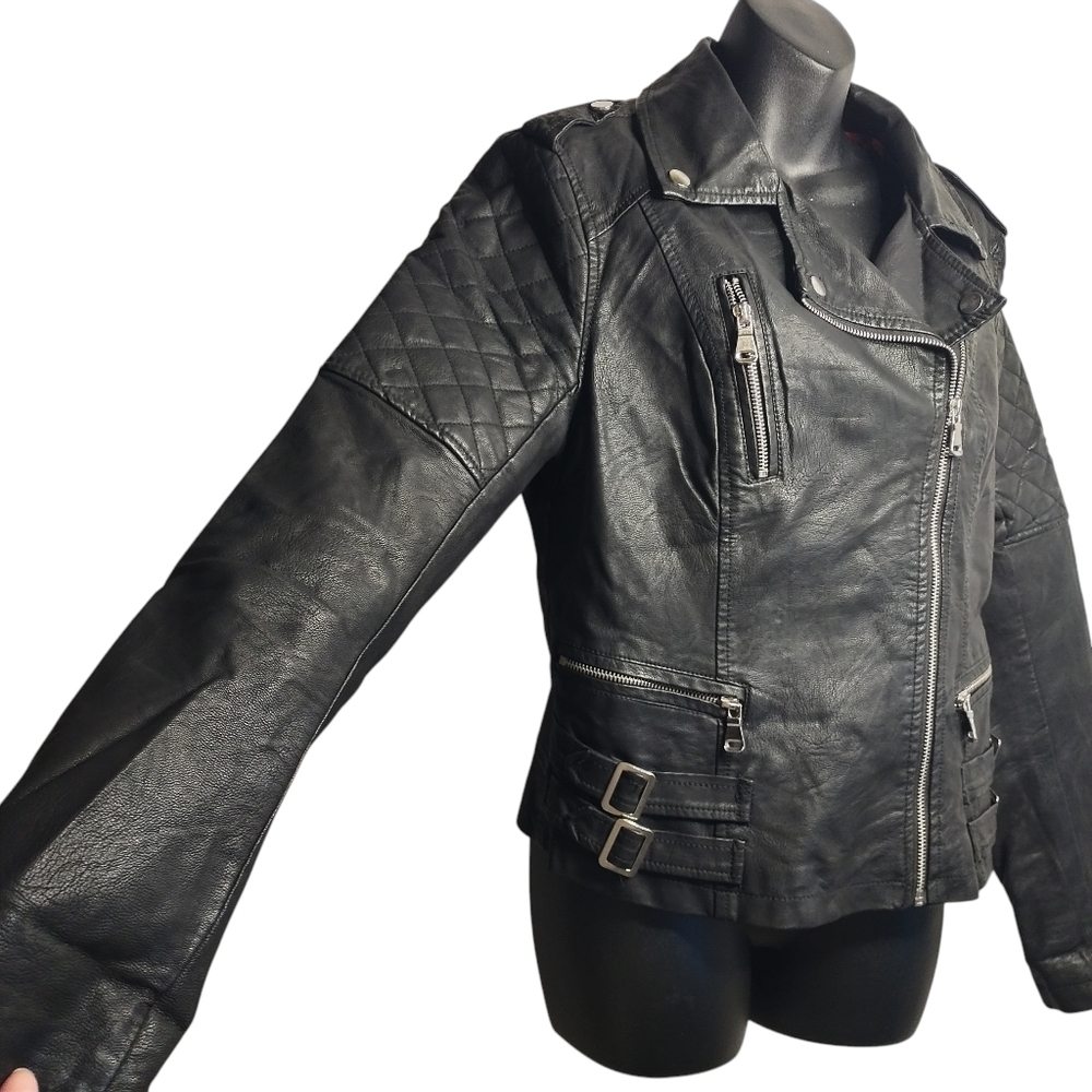 Ci Sono By Cavalini Vegan Leather Moto Jacket WOMEN'S Black ZIP Up Size Large - Picture 5 of 8